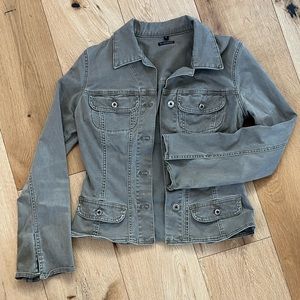 BluJeanious Olive Army Green Stretch Tailored Jean Jacket, Size Small